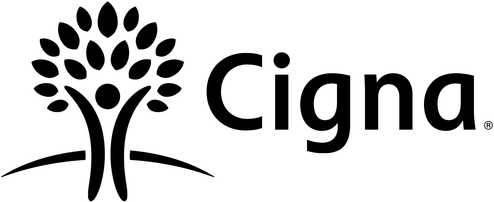 Cigna logo: a tree-like figure with arms raised, holding leaves, next to the word 
